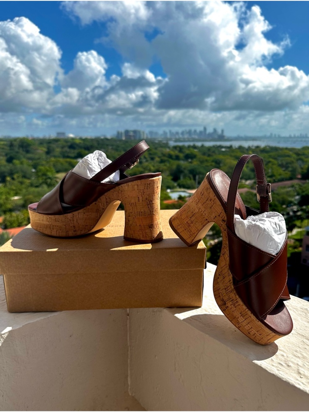 Anthropologie Brown Platform Sandals Cork Heel Slingback SZ 7-7.5 EU 38 NIB